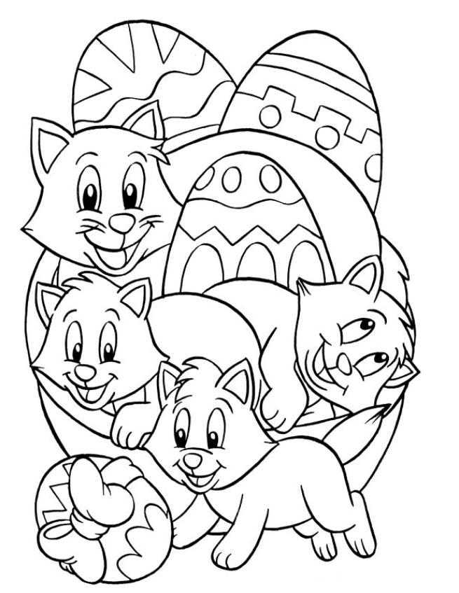 coloriage oeufs de paques et chatons